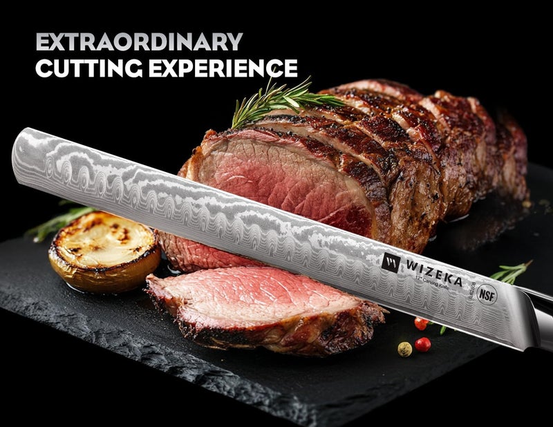 WIZEKA 12 Inch Damascus Slicing Knife - Ultra Sharp, Full Tang Carving Knife with G10 Handle, Great for Slicing Roasts, Meats, Fruits - Image 2